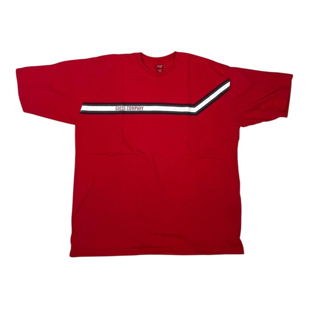 Vintage Guess Company T-Shirt Mens 2XL Red Chest Stripe G81 Logo Graphic Y2K